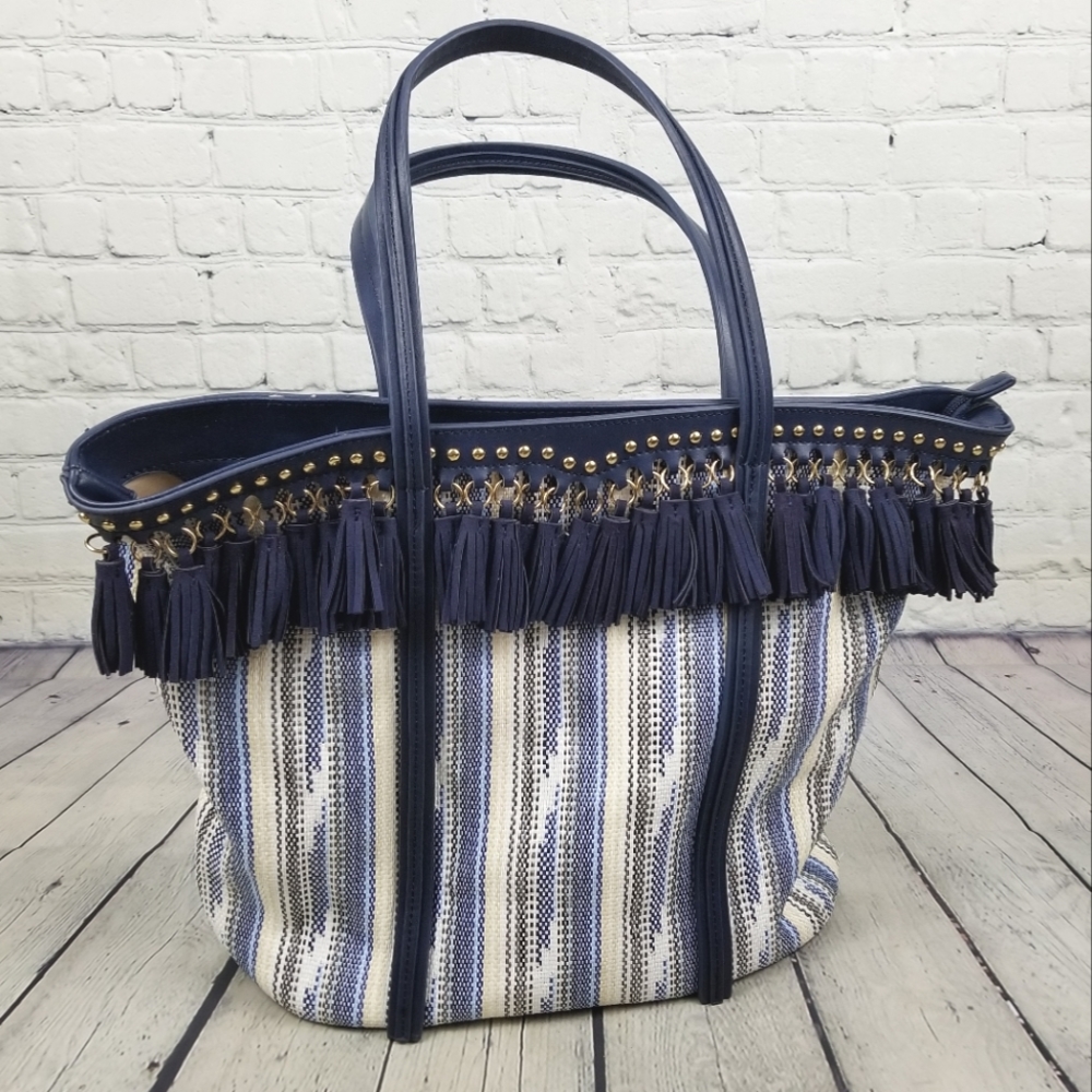 Sondra Roberts Navy and White Fringe Tote
